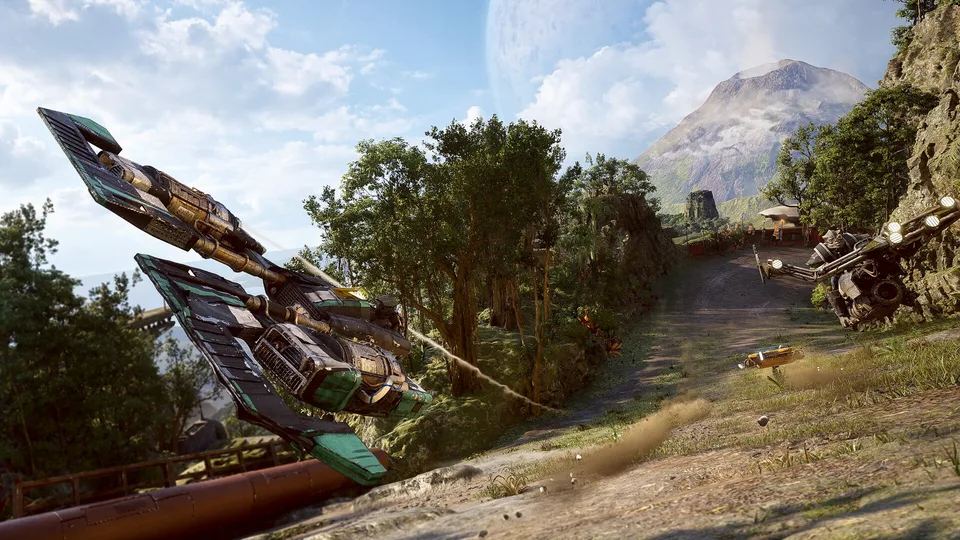 A speeder launching over a jungle track with a volcano behind it