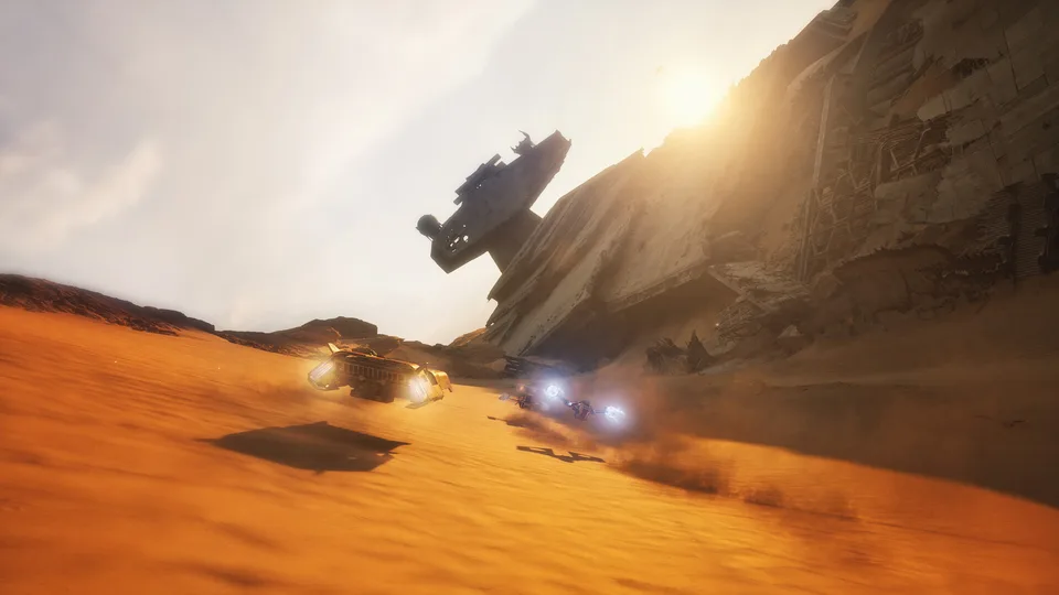 A pod racer chasing rivals through a desert canyon
