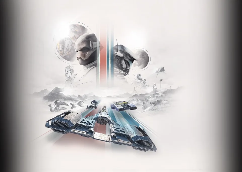 Official key art of speeders and a pod racer charging side by side, with racers and planets behind them
