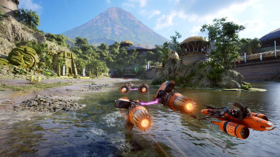 Speeder bikes racing toward a glowing gate on an ice planet