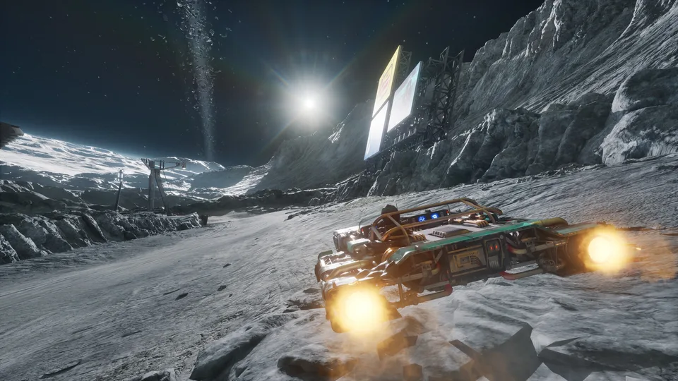 A landspeeder speeding across a frozen moon under a starry sky