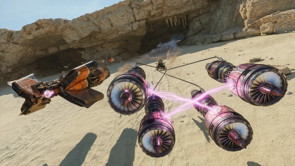 Speeders racing past a downed Star Destroyer half buried in desert sand